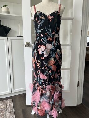Marchesa Notte Black Floral Embroidered Midi Dress with Pink 3D Flowers